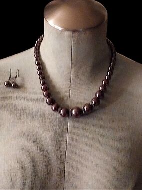 Chocolate Copper Pearl Bead Necklace and Earring Set